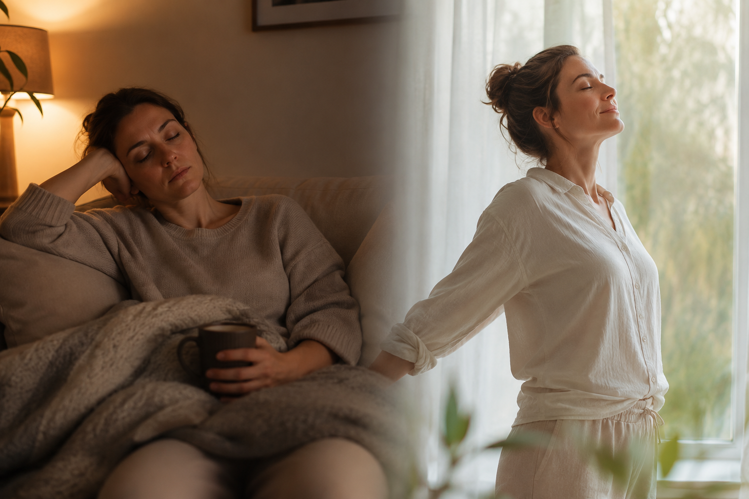 Personne fatiguée au repos puis ressourcée, illustrant le contraste entre épuisement et énergie retrouvée dans une lumière apaisante