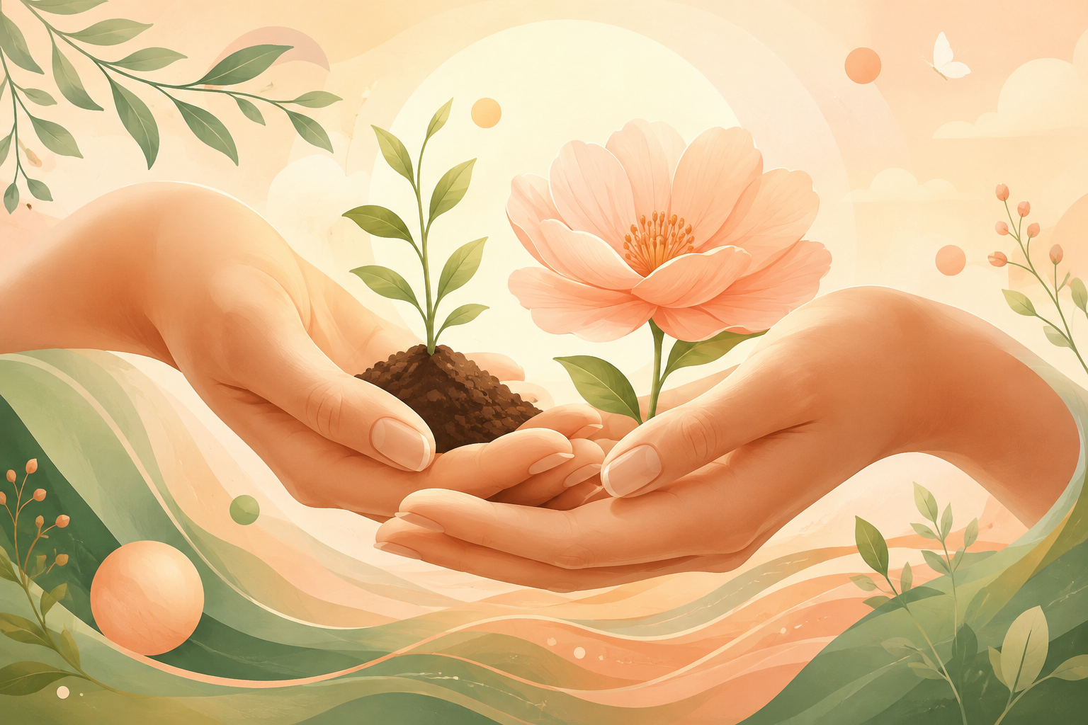 Illustration douce et respectueuse évoquant la fertilité et le bien-être : mains tenant une jeune pousse et une fleur, palette pastel apaisante