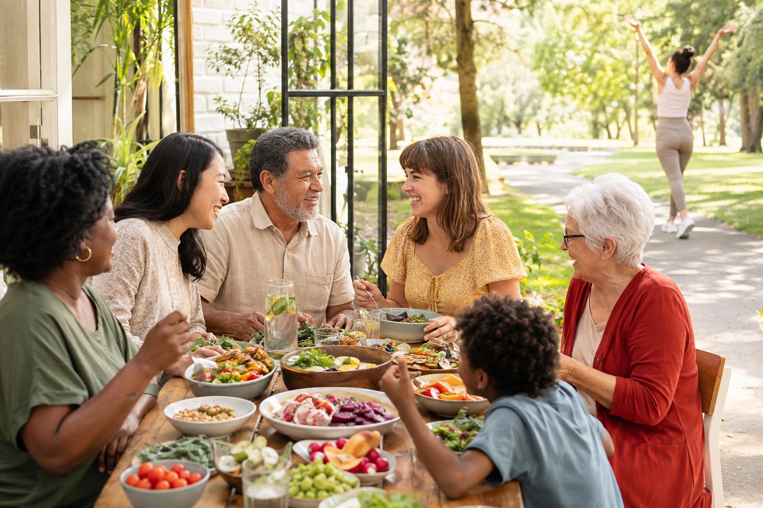 Personnes de morphologies diverses partageant un repas équilibré et pratiquant une activité physique joyeuse en plein air, dans une ambiance bienveillante et non stigmatisante