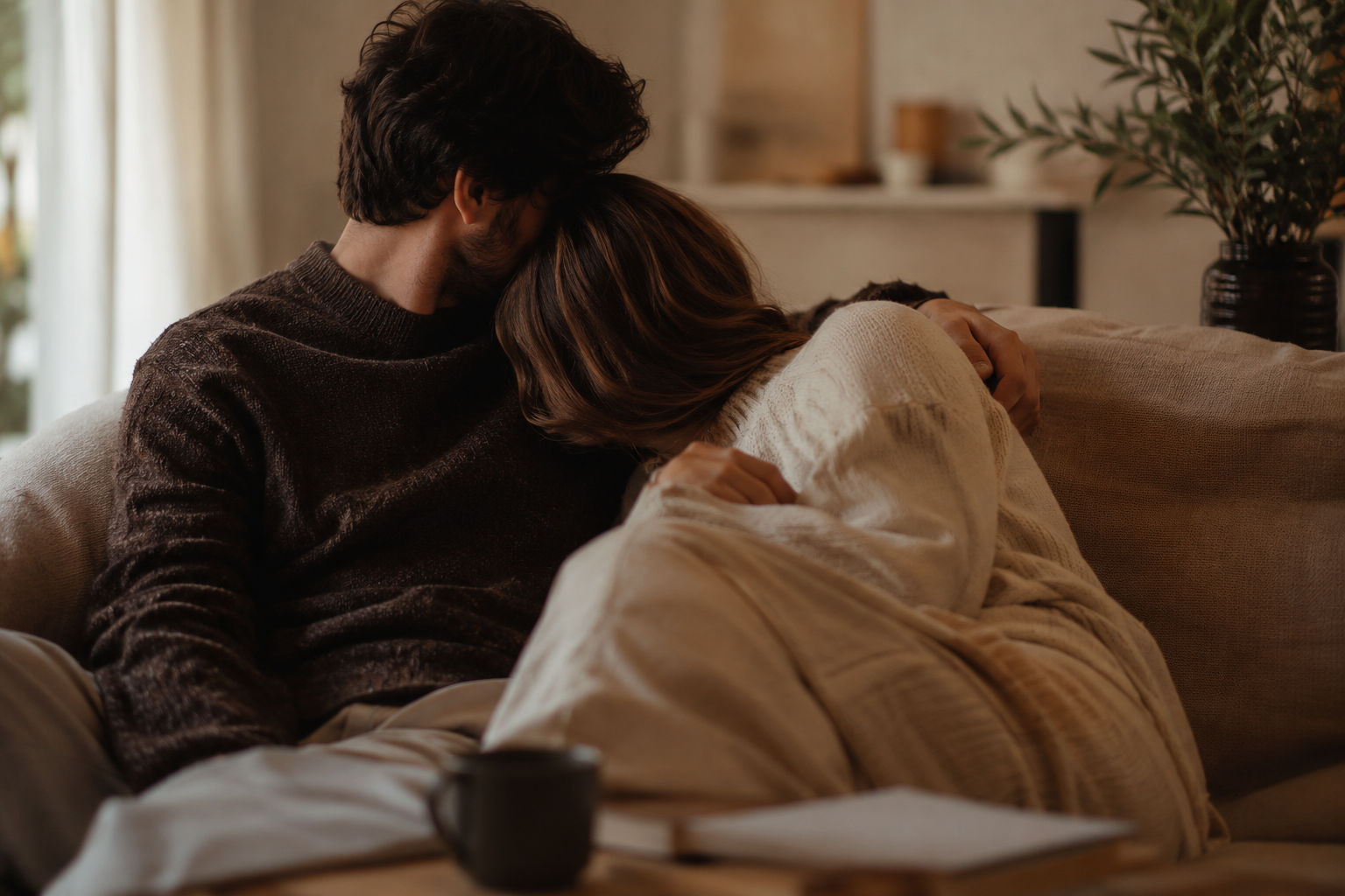 Couple complice partageant un moment de tendresse et d'intimité dans une lumière douce et chaleureuse