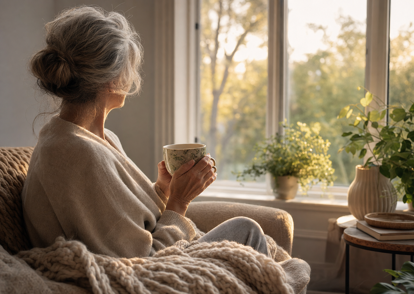 Femme sereine d'une cinquantaine d'annees assise pres d'une fenetre avec une tisane, lumiere chaleureuse et digne, illustrant la traversee apaisee de la menopause
