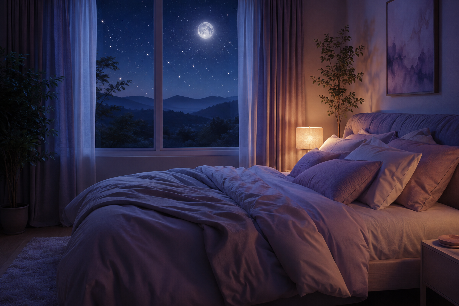 Chambre paisible la nuit sous un ciel étoilé, ambiance propice à un sommeil serein et réparateur