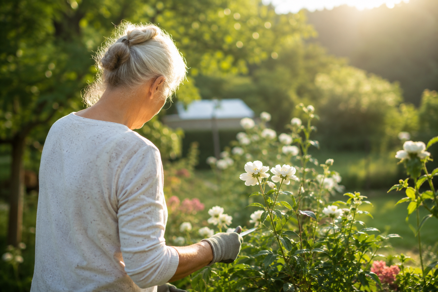 Personne âgée sereine et active profitant d'une matinée ensoleillée dans un jardin, illustrant le bien vieillir