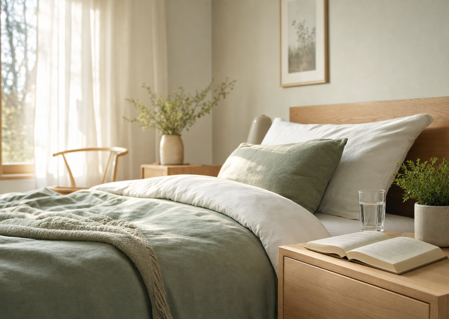 Chambre paisible au petit matin évoquant un sommeil réparateur et la clarté mentale