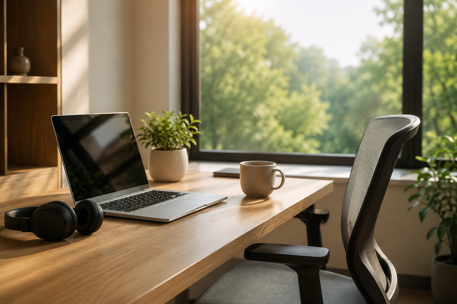 Bureau minimaliste et lumineux propice a la concentration et au travail profond