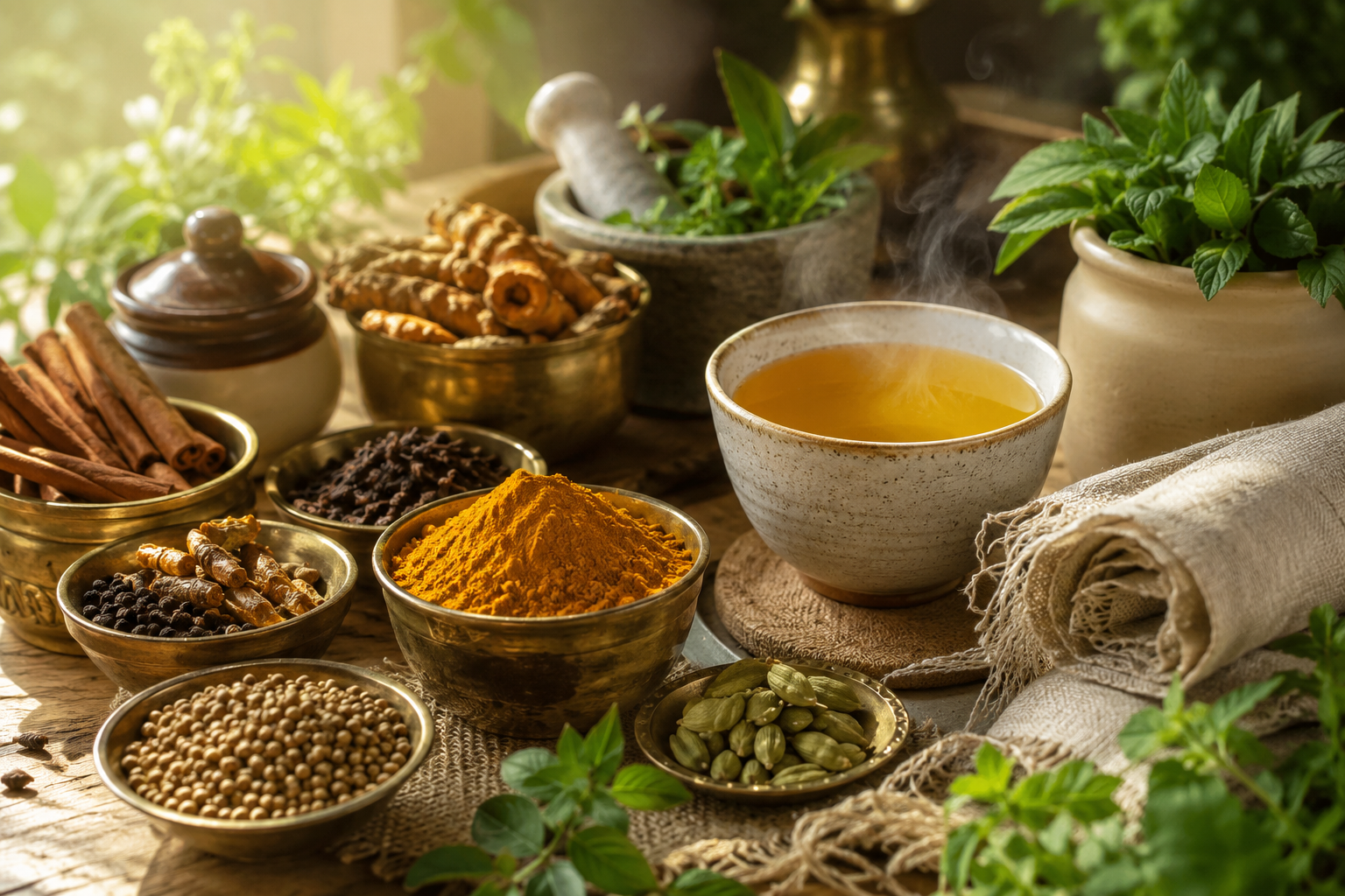 Épices et plantes ayurvédiques disposées dans des bols en laiton sur une table en bois clair, ambiance chaleureuse évoquant une consultation ayurvédique
