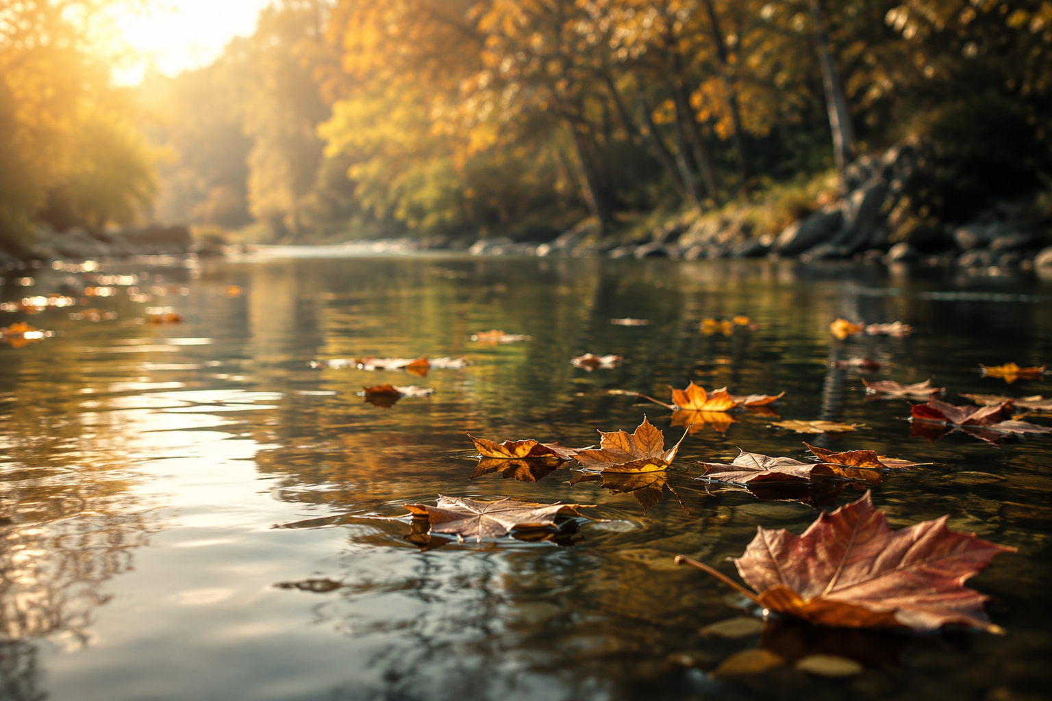 Feuilles flottant paisiblement sur une rivière calme au lever du soleil, image apaisante de la défusion cognitive