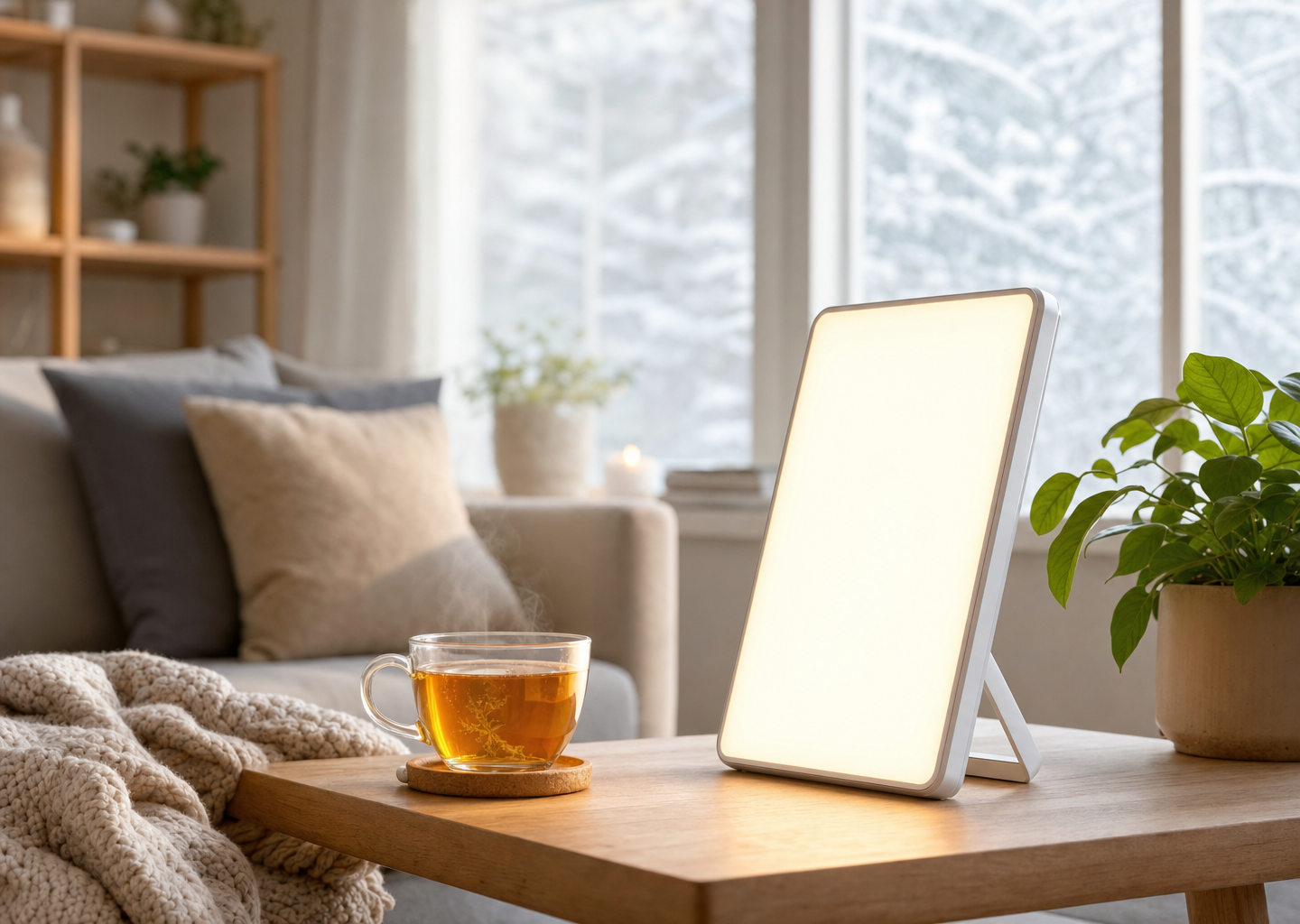 Lampe de luminothérapie et tasse de tisane sur une table en bois près d'une fenêtre givrée par un matin d'hiver