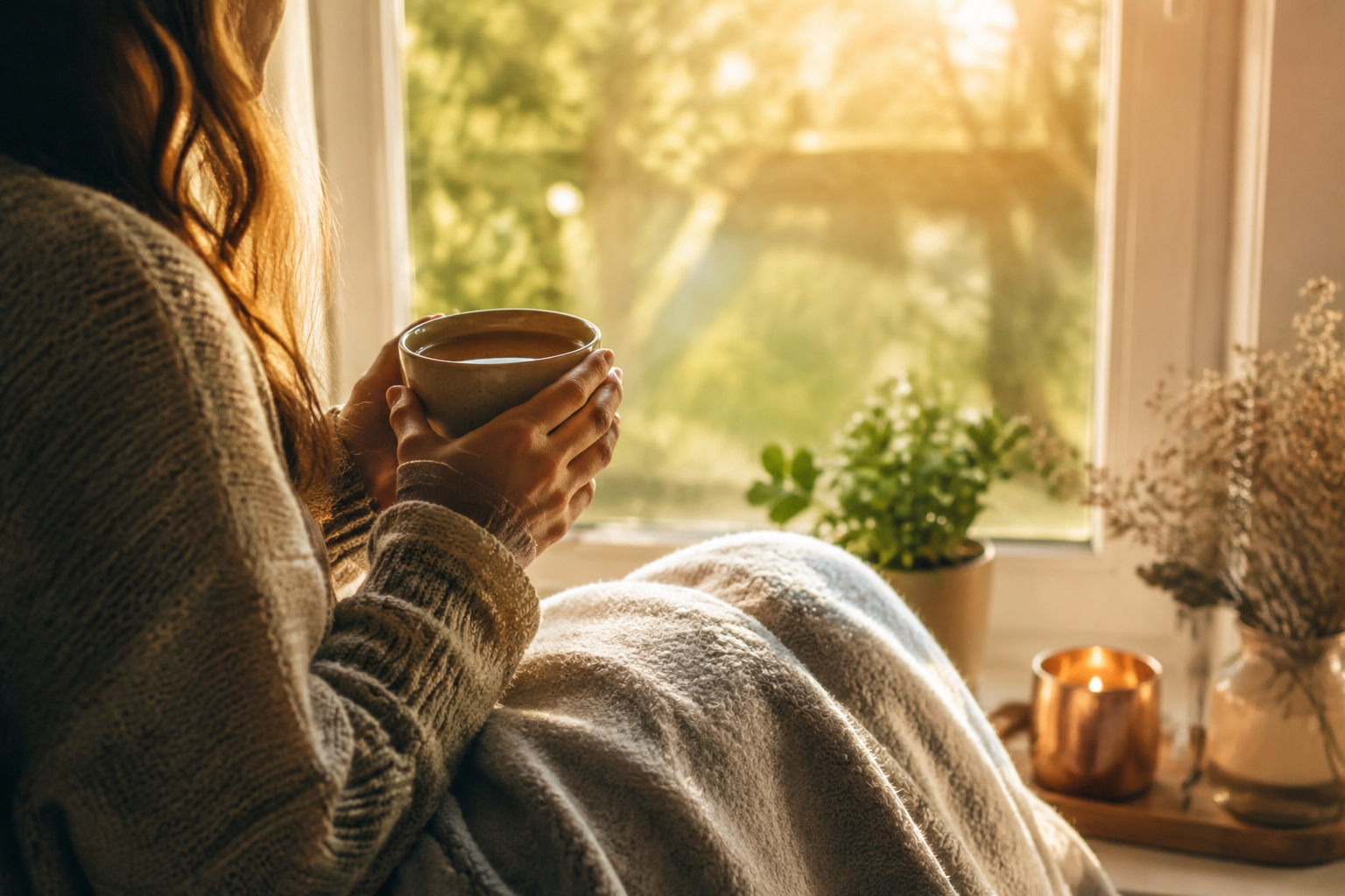 Personne apaisée assise près d'une fenêtre dans une lumière douce, une tasse chaude à la main, évoquant l'espoir et le rétablissement émotionnel