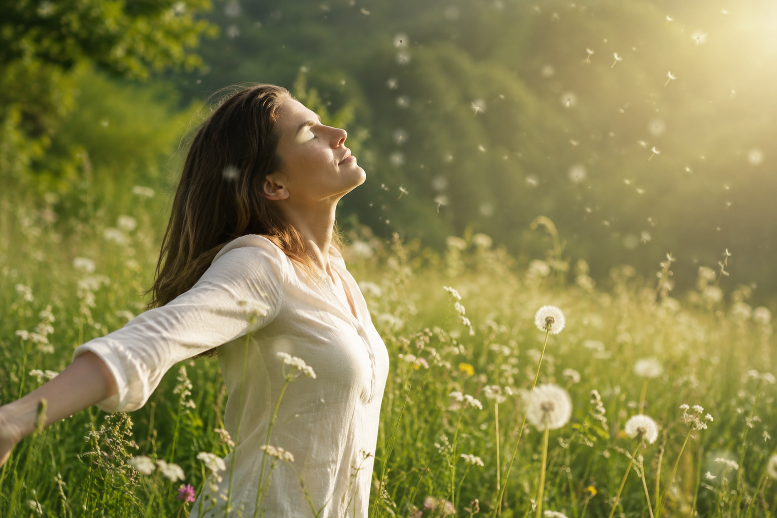 Prairie apaisante avec pollens légers évoquant le confort respiratoire et le bien-être face aux allergies