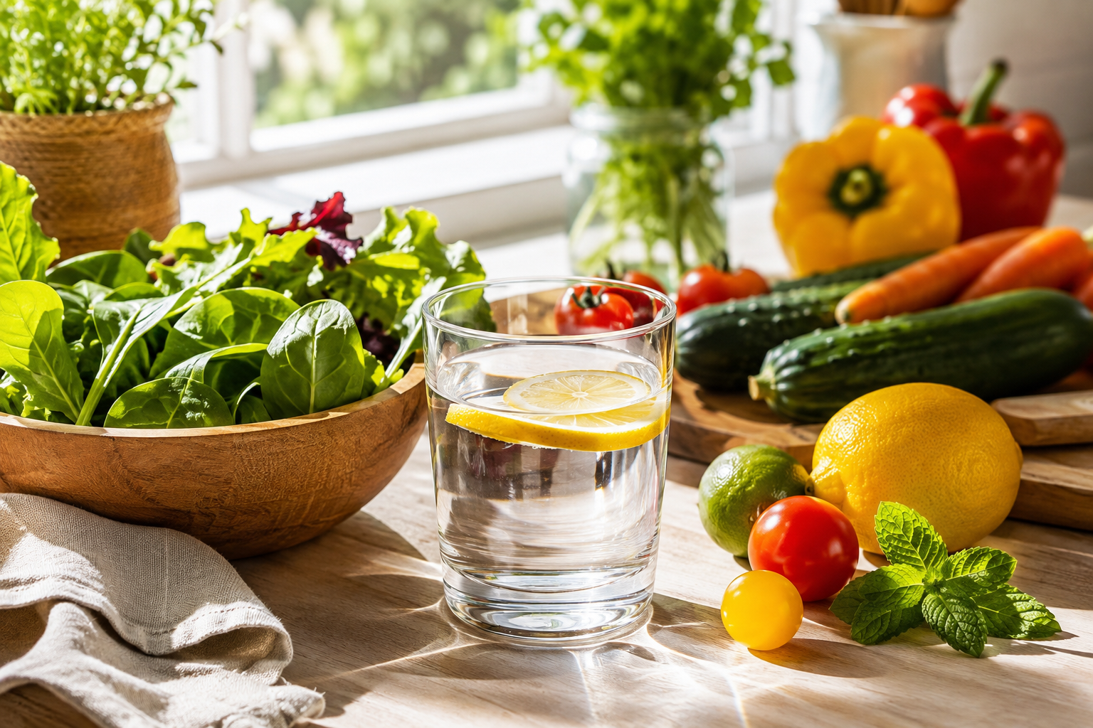 Verre d'eau fraîche au citron, bol de légumes verts et fruits colorés sur une table lumineuse