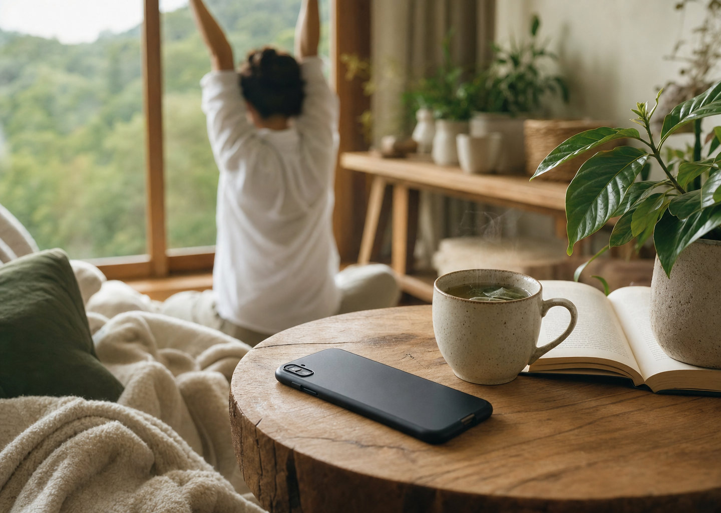 Smartphone posé face contre une table en bois à côté d'une tasse de tisane fumante et d'un livre ouvert, ambiance apaisante de détox digitale