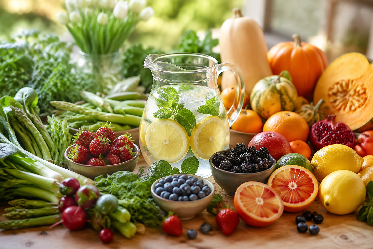 Assortiment coloré de fruits et légumes de saison disposés autour d'une carafe d'eau infusée, illustrant une détox saisonnière douce