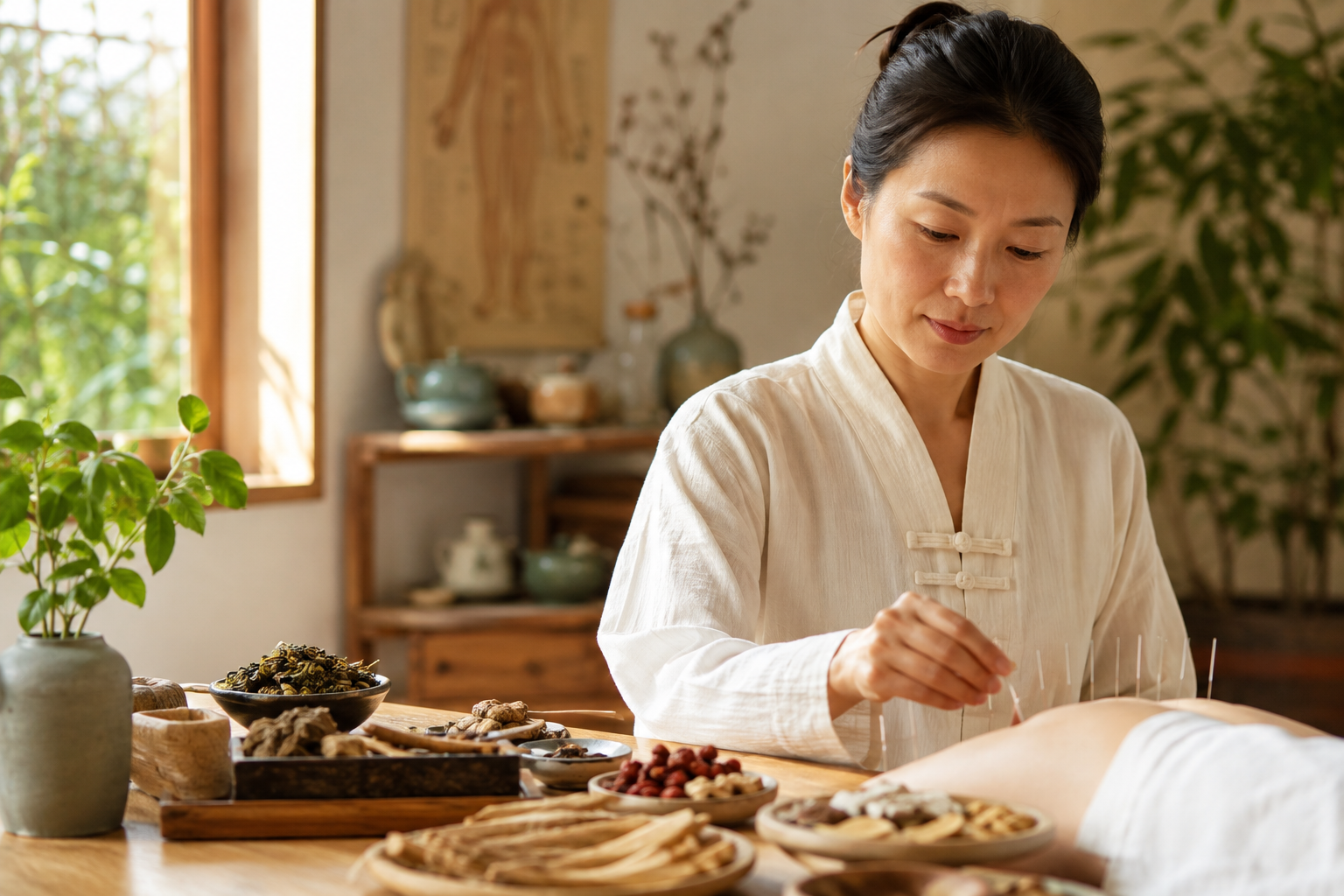Praticienne en médecine traditionnelle chinoise dans un cabinet lumineux, aiguilles d'acupuncture et plantes médicinales chinoises disposées sur une table en bois