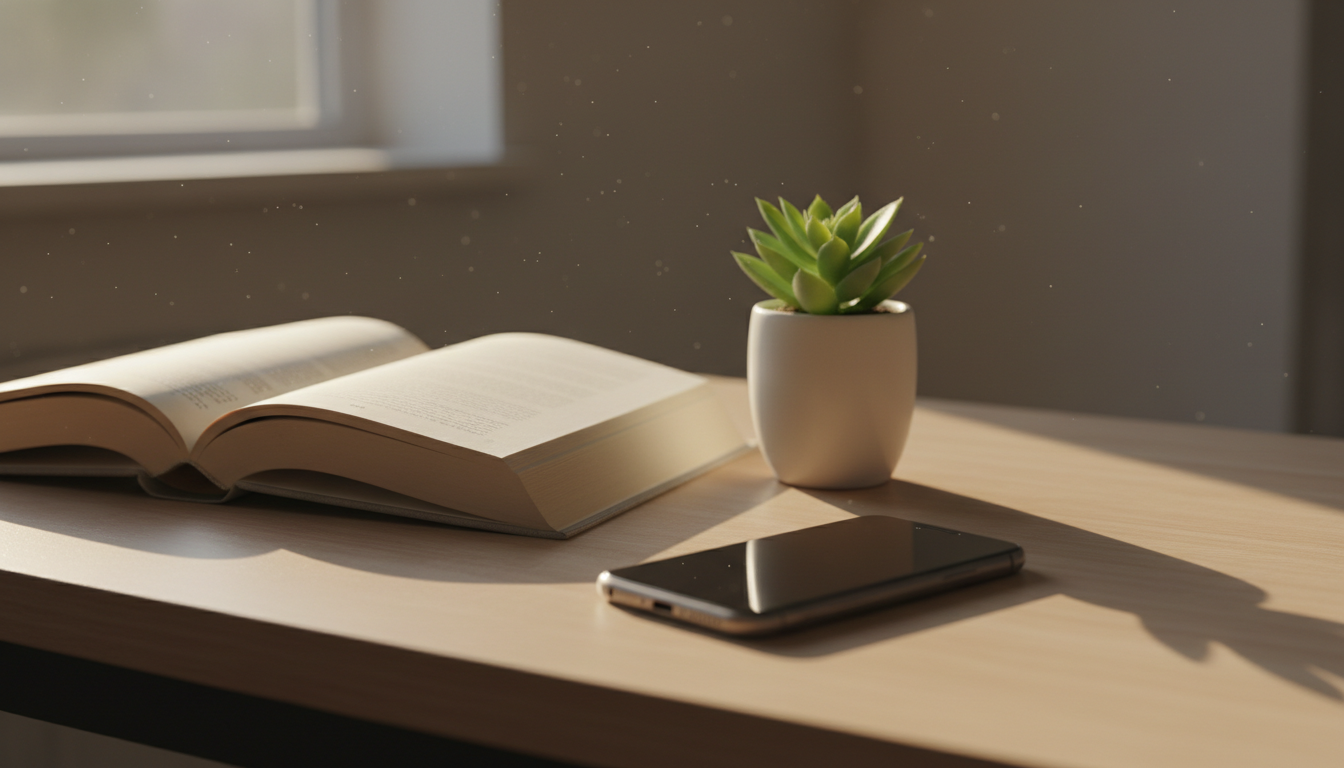Smartphone retourné sur un bureau en bois rangé à côté d'un livre ouvert et d'une petite plante, lumière matinale propice à la concentration