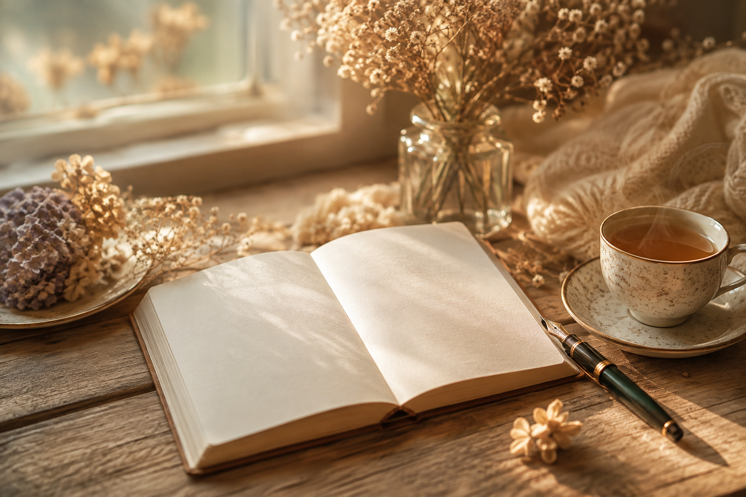 Carnet de journal ouvert et stylo sur une table en bois, lumière douce, ambiance chaleureuse et apaisante