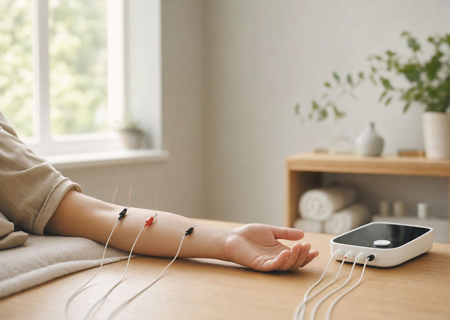 Avant-bras détendu d'un patient avec quelques fines aiguilles d'acupuncture reliées par de discrets fils à un petit appareil d'électrostimulation, dans un cabinet lumineux et apaisant