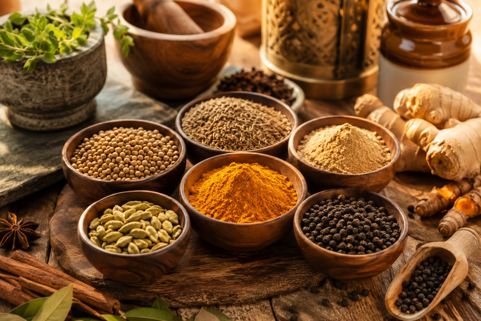 Assortiment d'épices ayurvédiques colorées — curcuma, gingembre, cumin, coriandre, cardamome et poivre — présentées dans de petits bols en bois sur une table de cuisine chaleureuse