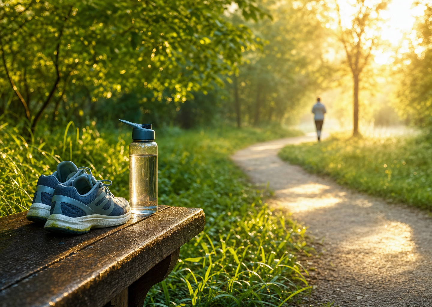 Sentier de marche ensoleillé en pleine nature au lever du jour, chaussures de marche et gourde sur un banc, évoquant le mouvement et la vitalité pour bien vieillir