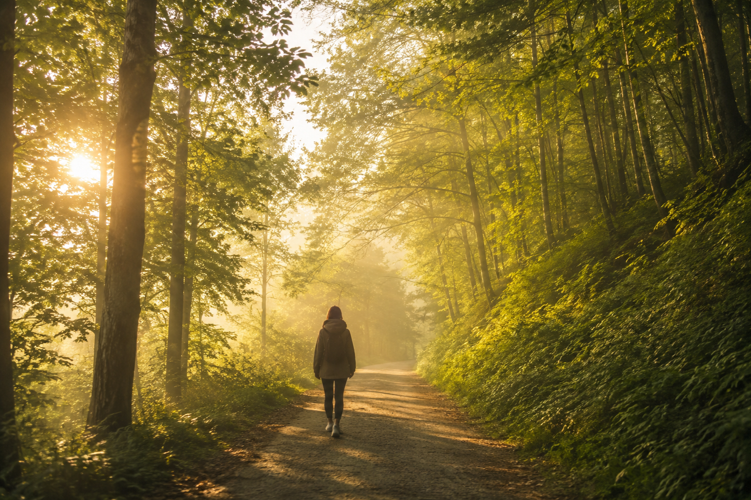 Personne marchant sur un sentier forestier ensoleillé au petit matin, ambiance apaisante évoquant le bien-être mental et le mouvement
