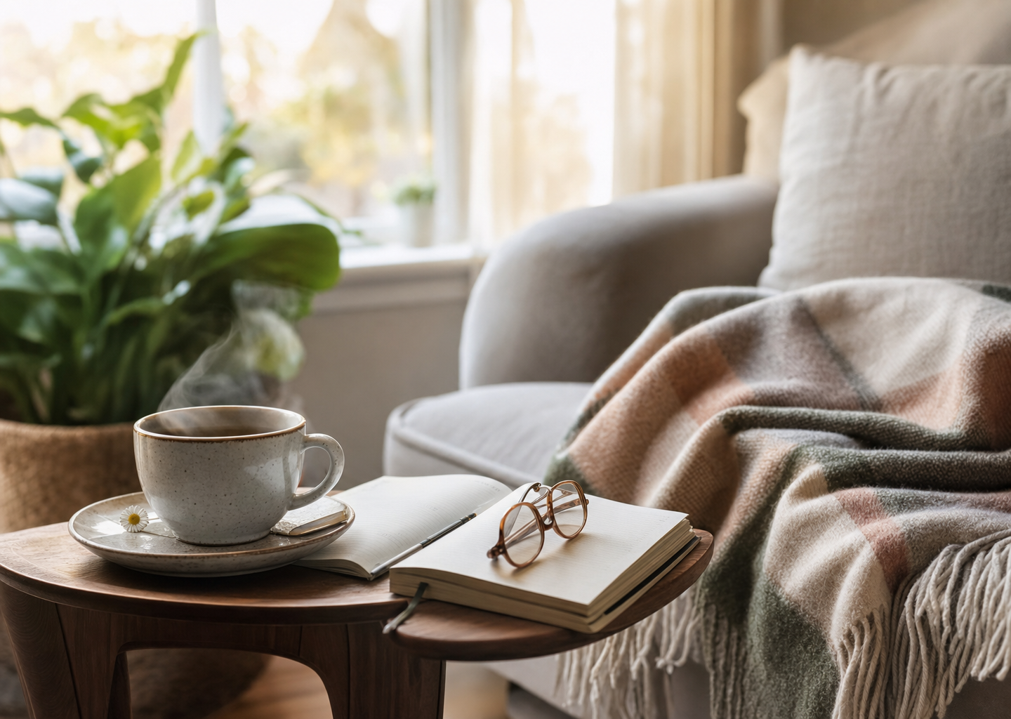 Tasse de thé fumante près d'un plaid, agenda ouvert et lunettes sur un canapé, lumière douce du matin
