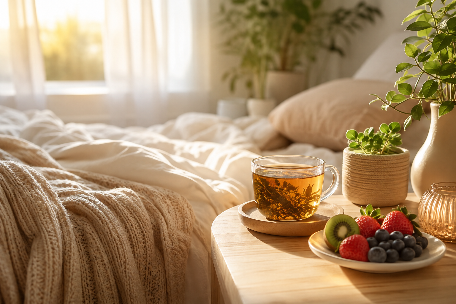 Chambre lumineuse au petit matin avec tisane et fruits sur une table de chevet, évoquant repos et vitalité douce