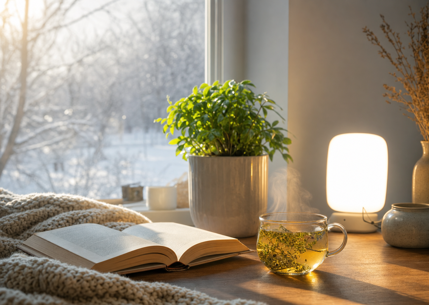 Tasse de tisane fumante et lampe de luminothérapie près d'une fenêtre par un matin d'hiver, évoquant la lutte contre la fatigue saisonnière