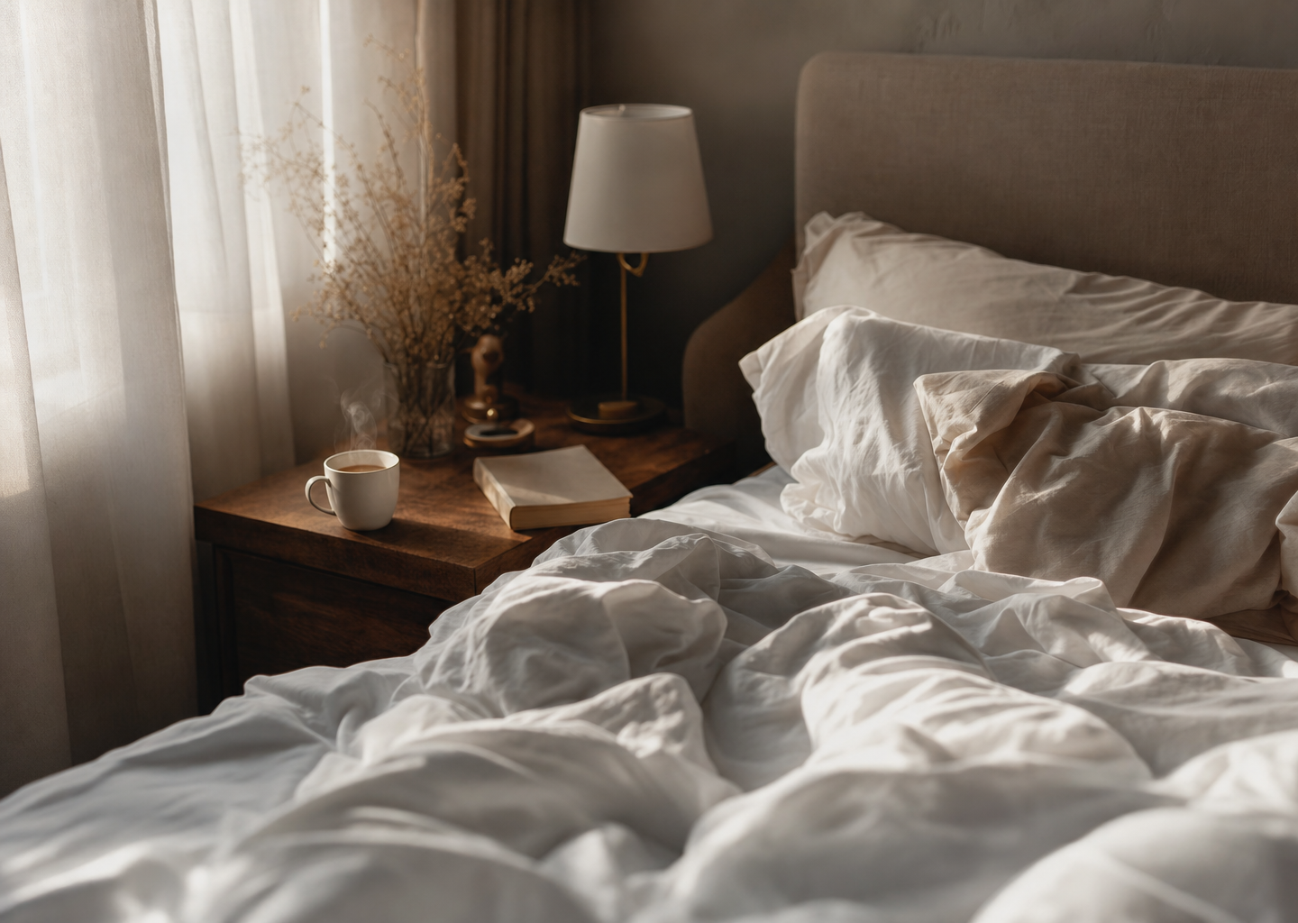 Chambre au petit matin, lit défait et tasse de café sur la table de nuit, lumière douce filtrant par la fenêtre, ambiance de réveil difficile mais apaisé