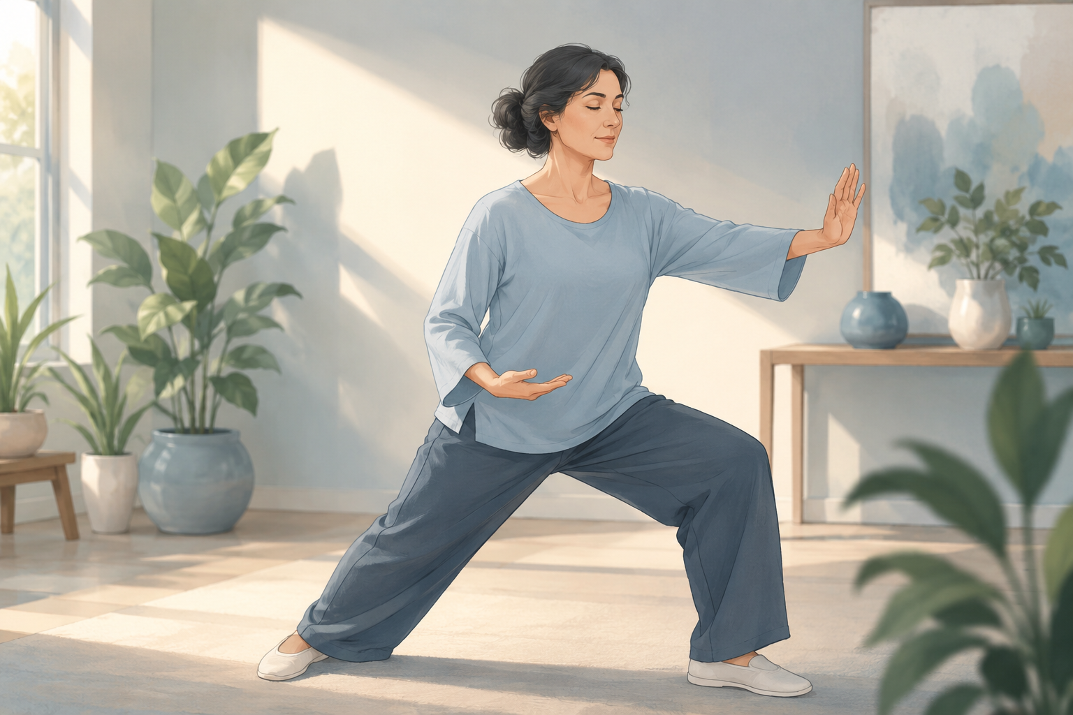 Femme pratiquant des mouvements doux pour soulager les douleurs diffuses de la fibromyalgie