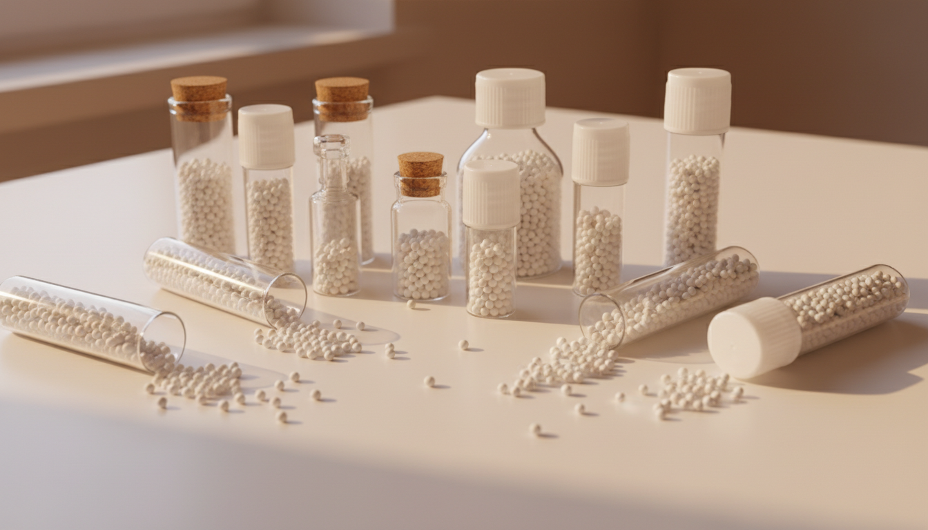 Tubes de granules homéopathiques et petits globules blancs disposés sur une surface neutre, lumière douce
