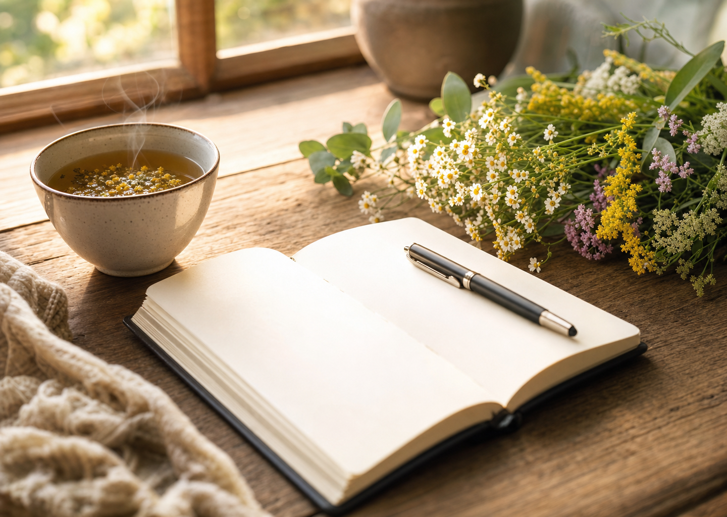 Carnet de gratitude ouvert avec un stylo, une tasse de thé et des fleurs fraîches sur une table en bois dans la lumière douce du matin