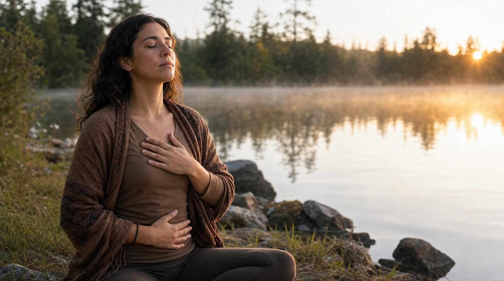 Personne pratiquant la respiration diaphragmatique lente près d'un lac au lever du soleil pour stimuler le nerf vague