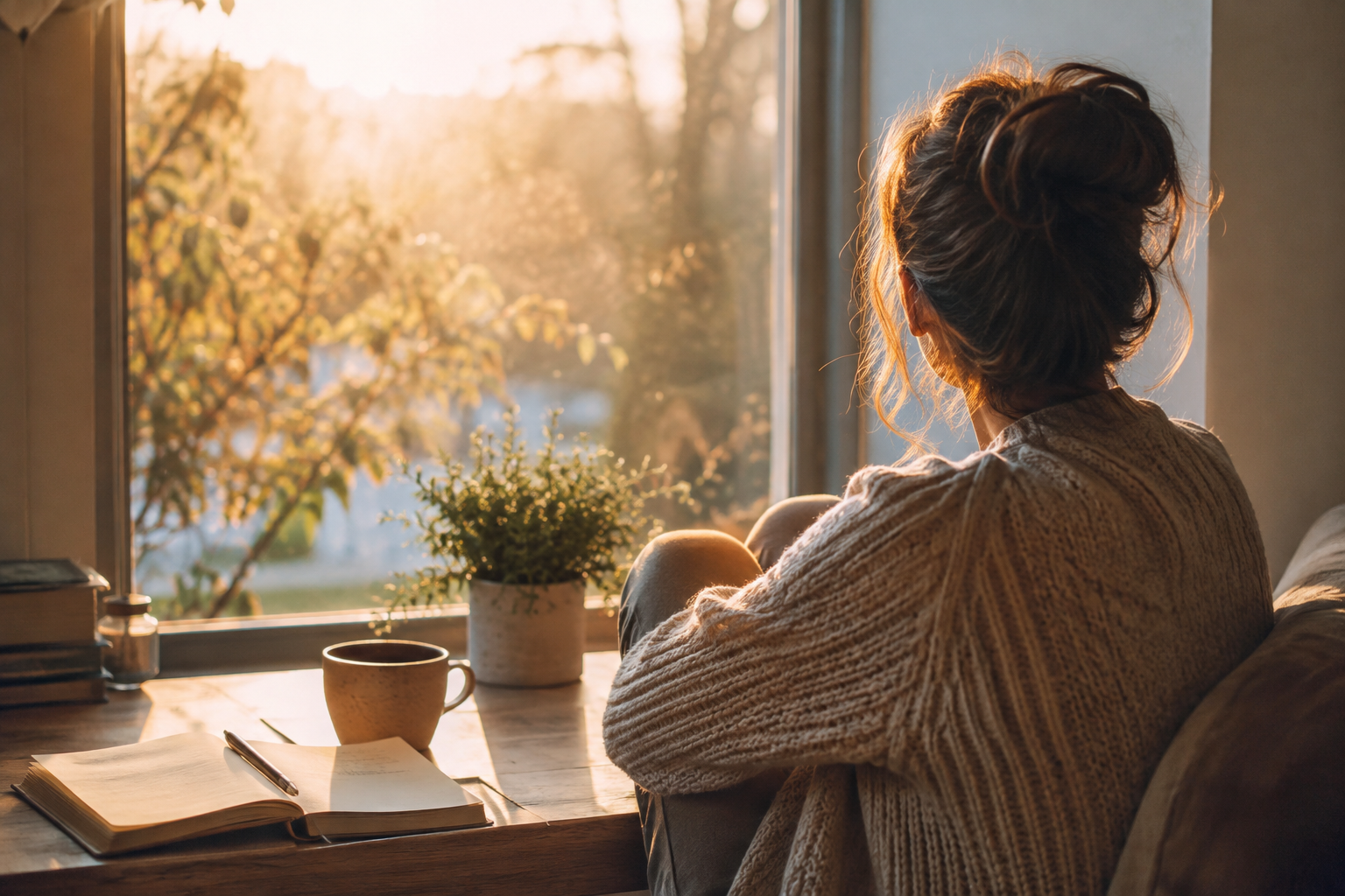Personne sereine assise pres d'une fenetre ensoleillee, ambiance chaleureuse evoquant le bien-etre et la psychologie positive