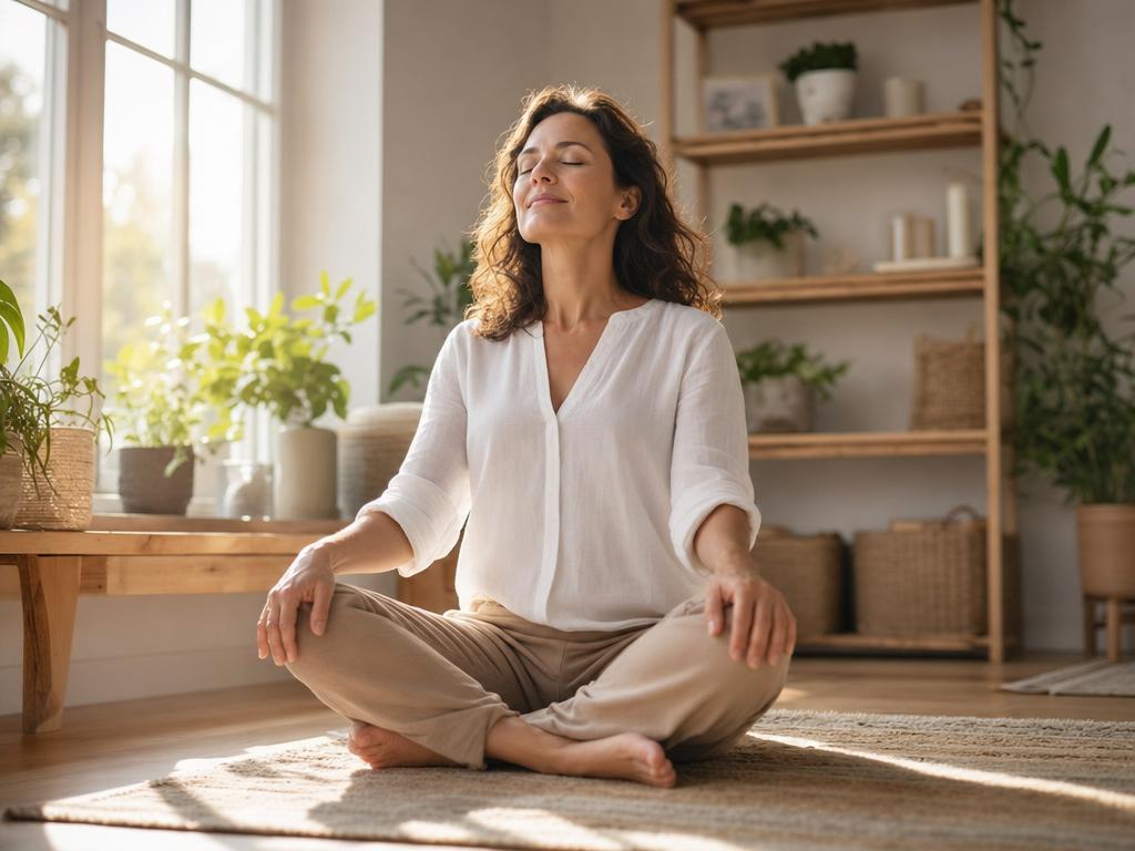 Femme assise les yeux fermés pratiquant un exercice de sophrologie dans une pièce lumineuse et apaisante