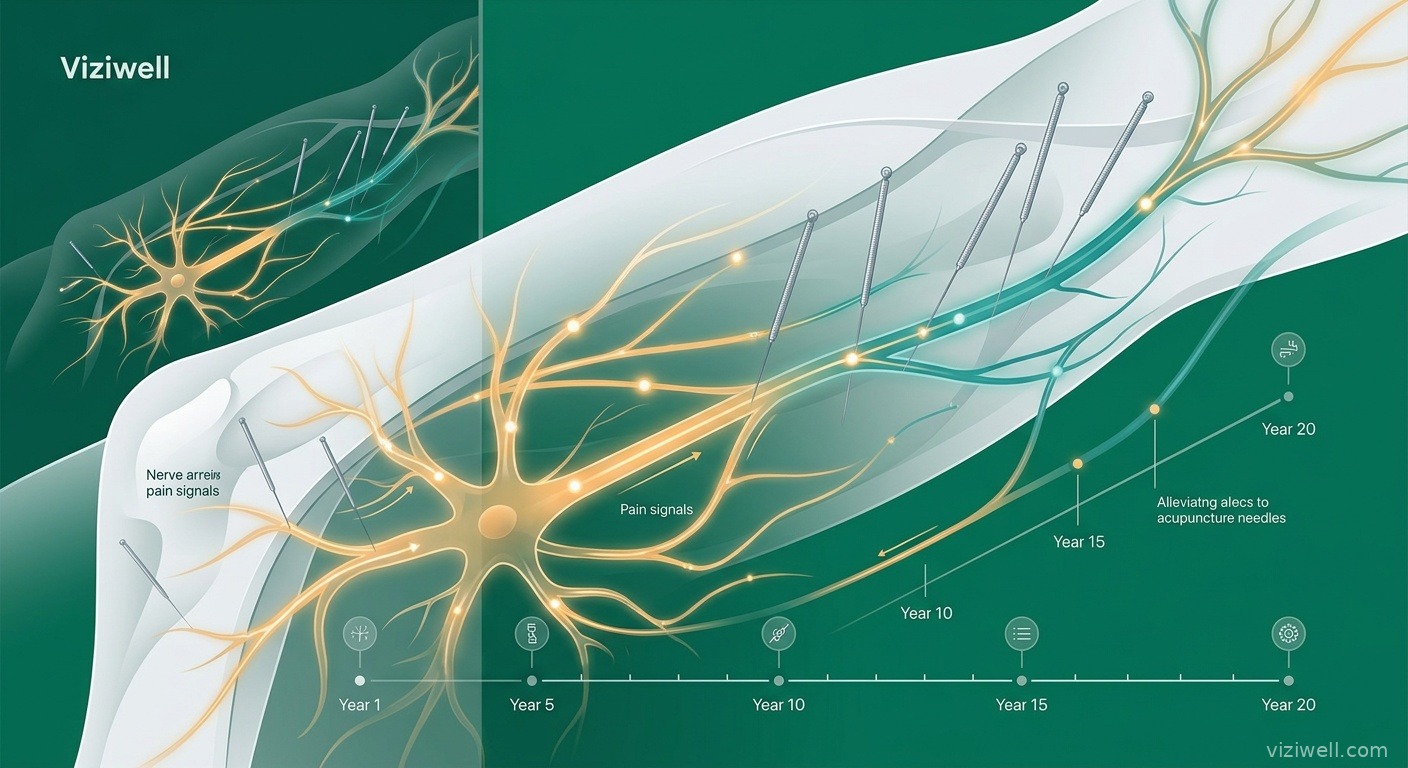 Illustration de fibres nerveuses avec des aiguilles d'acupuncture transformant les signaux de douleur neuropathique en ondes apaisantes