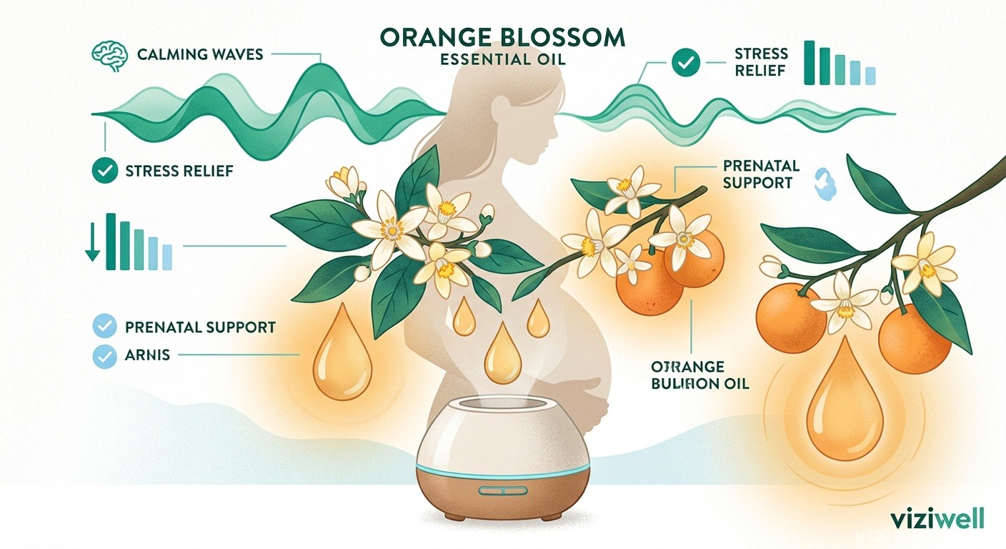 Illustration de branches de fleurs d'oranger avec des gouttes d'huile essentielle, silhouette de femme enceinte et ondes cérébrales apaisantes