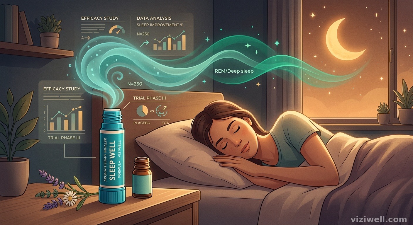 Illustration d'un inhalateur d'huiles essentielles avec des volutes aromatiques s'élevant vers une silhouette endormie paisiblement