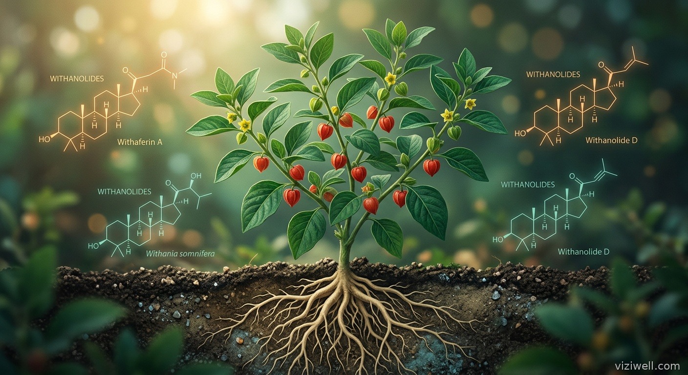 Plante d'ashwagandha avec baies rouges et racines, entourée de structures moléculaires de withanolides