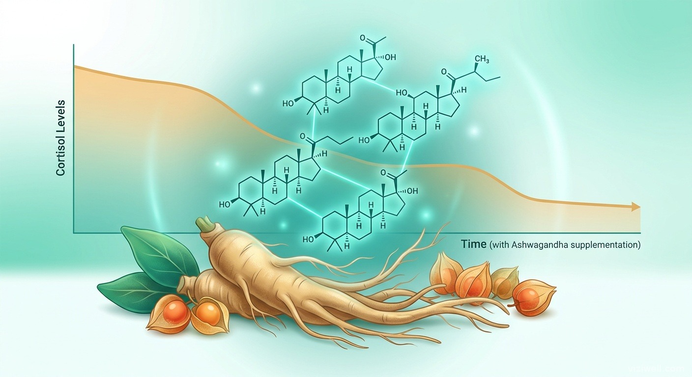 Racines et baies d'ashwagandha avec structures moléculaires et graphique de réduction du cortisol