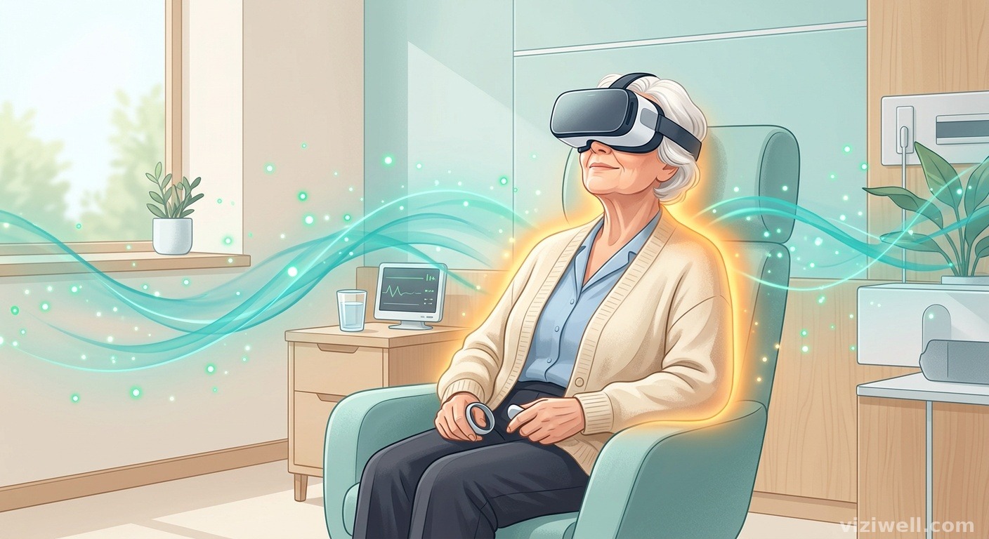 Illustration d'une personne âgée portant un casque de réalité virtuelle dans un environnement clinique serein, symbolisant l'association VR et hypnose pour soulager l'arthrose