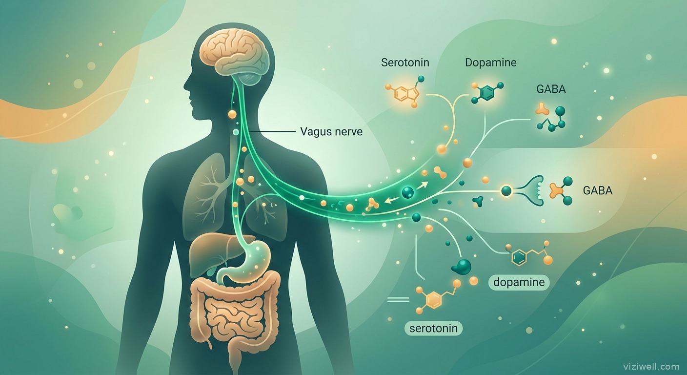 Visualisation scientifique de l'axe intestin-cerveau avec le nerf vague comme pont lumineux émeraude