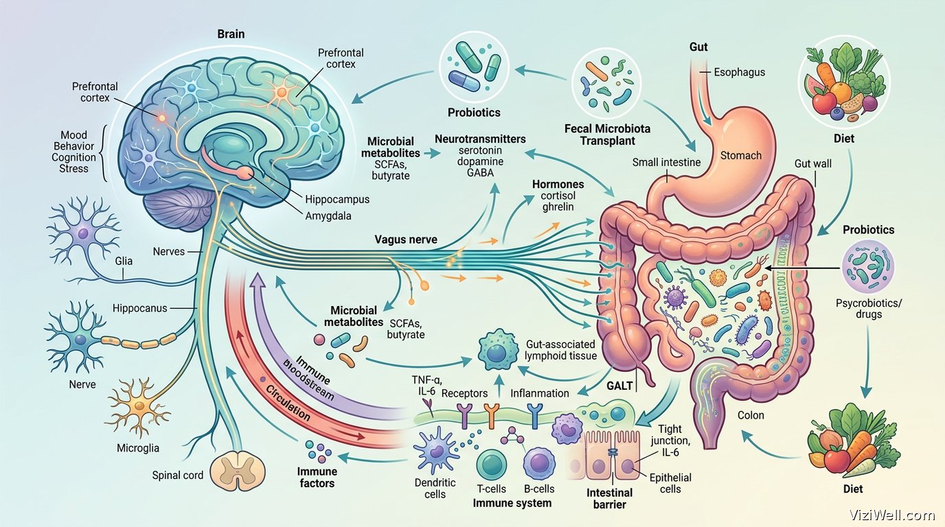Illustration article : L'axe microbiote intestinal-immunité-cerveau : implications thérapeutiques