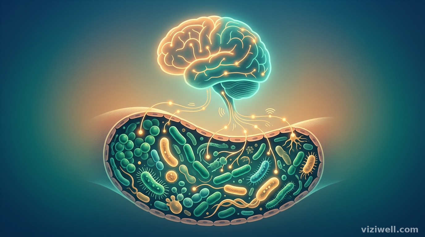 Vue agrandie de l'écosystème du microbiome intestinal avec des connexions neuronales vers le cerveau