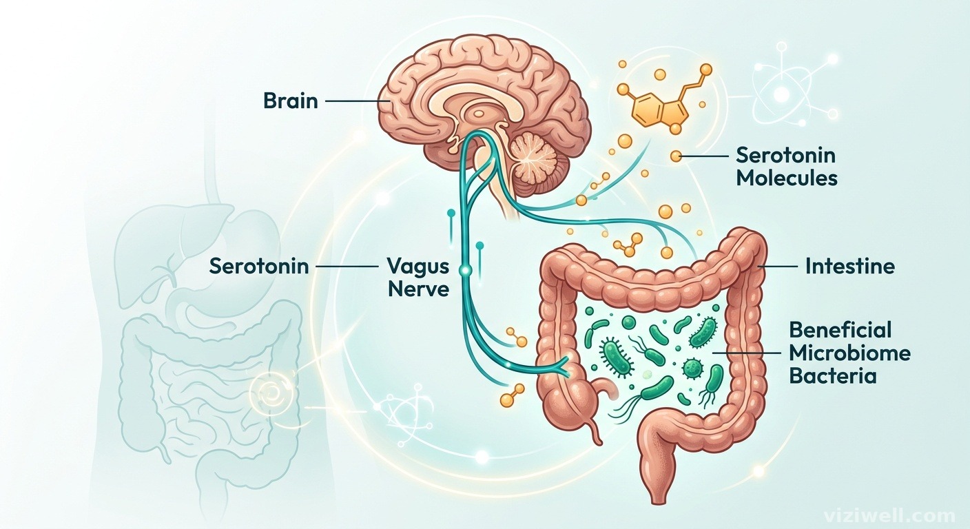 Illustration de l'axe intestin-cerveau avec un intestin stylisé relié au cerveau par le nerf vague, bactéries bénéfiques et molécules de sérotonine