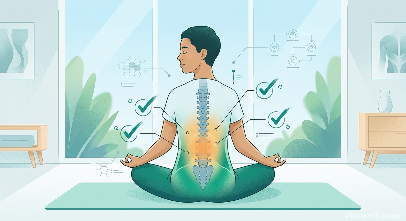 Illustration d'une personne pratiquant la pleine conscience avec le bas du dos en transition de la douleur vers le soulagement, colonne vertébrale visible