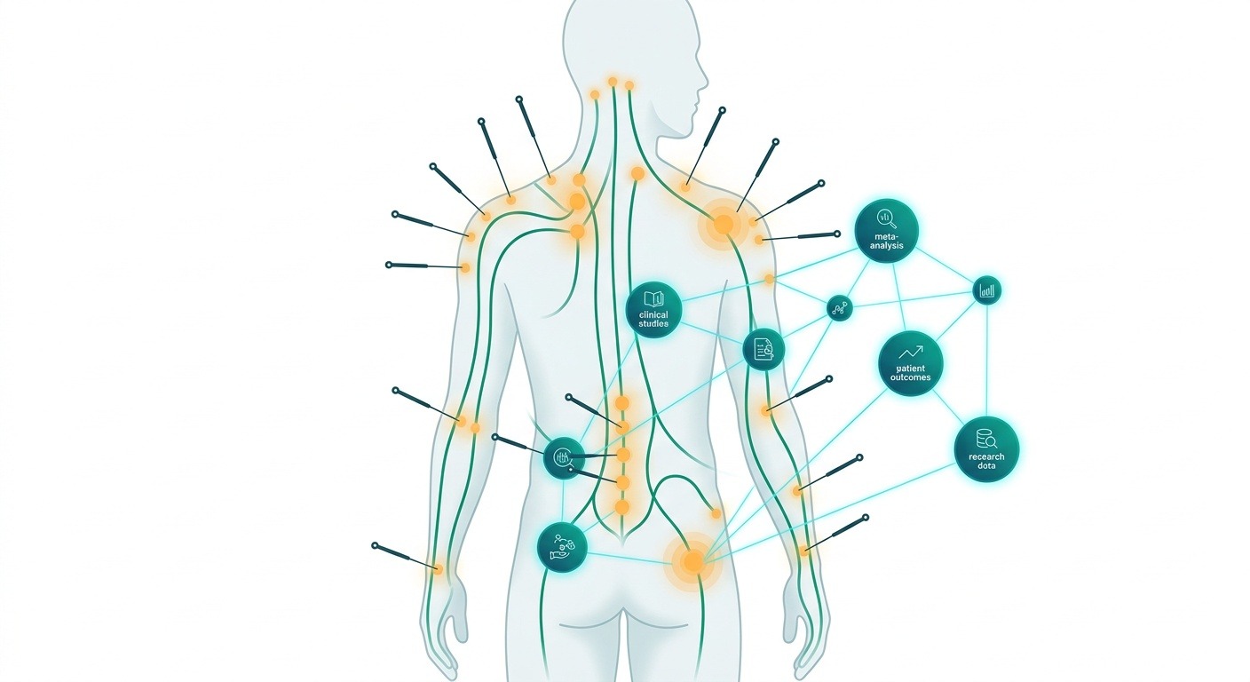 Illustration abstraite d'aiguilles d'acupuncture sur une silhouette humaine avec des lignes de méridiens et une carte des preuves scientifiques