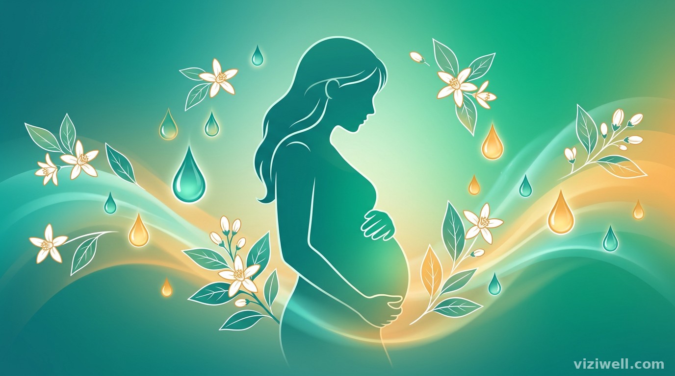 Fleurs d'oranger amer et gouttes d'huile essentielle autour d'une silhouette de femme enceinte sereine