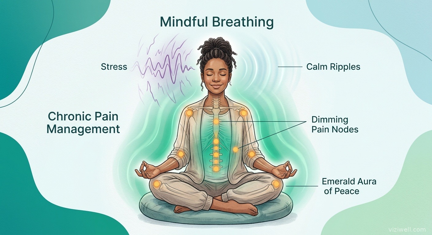 Illustration d'une personne en respiration consciente avec des ondes de stress se dissolvant et des points de douleur chronique s'estompant