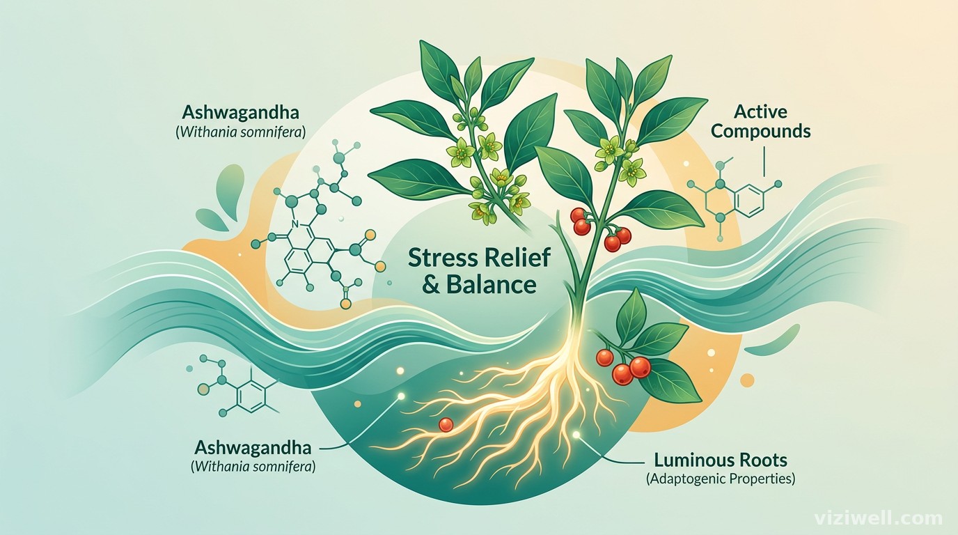 Plante d'ashwagandha avec ses racines et baies entourée de structures moléculaires symbolisant ses effets anti-stress