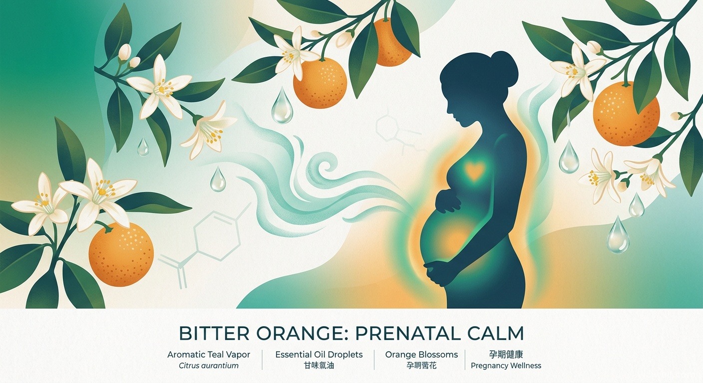 Fleurs et fruits d'orange amère libérant des vapeurs aromatiques autour d'une silhouette de femme enceinte